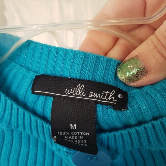 Willi Smith Women's Medium Blue Ribbed Cotton 3/4 Sleeve Cardigan Sweater - Picture 4 of 4